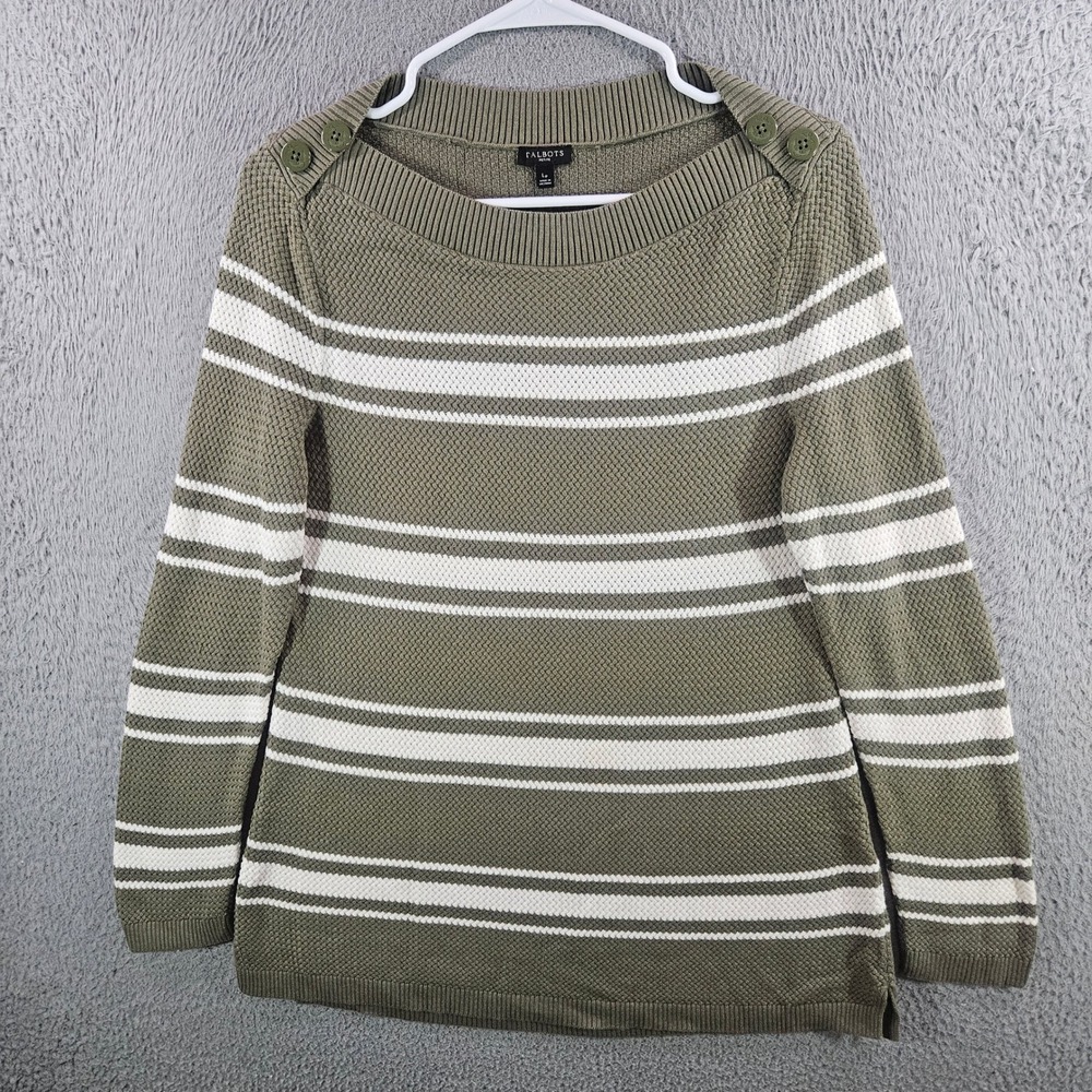 Talbots Petite Sweater Womens LP Green White Striped Boatneck Button Shoulder